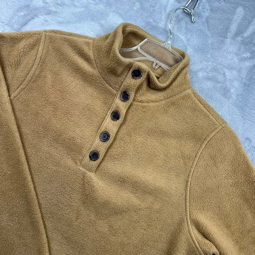 J.Crew Fleece Pullover Men Large Tan Button Mock Neck Pocket Sweater 1276